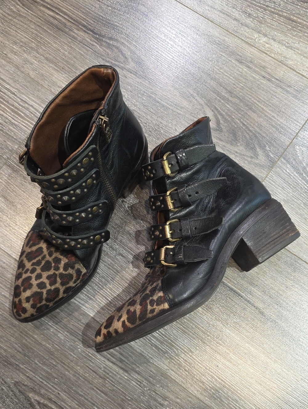 A.S98 Ankle Leather Boots With Studs & Leopard Animal Print Size 36